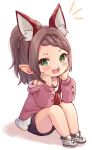  1girl :d animal_ear_fluff animal_ears bangs bare_shoulders black_hairband black_shorts blush braid braided_bangs brown_hair fake_animal_ears final_fantasy final_fantasy_xiv full_body green_eyes grey_legwear hairband hands_on_own_face hands_up highres jacket knees_up lalafell long_sleeves nazuna_shizuku notice_lines off_shoulder open_clothes open_jacket pink_jacket pointy_ears ponytail puffy_long_sleeves puffy_sleeves red_shirt shirt shoes short_shorts shorts sitting sleeveless sleeveless_shirt smile socks solo teeth upper_teeth white_background white_footwear 