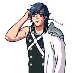  1boy abs armor armpits arms_up blue_eyes blue_hair cape chrom_(fire_emblem) closed_mouth fantasy fire_emblem fire_emblem_awakening highres long_hair male_focus nobleman nowifate_create rocket_launcher rpg shoulder_armor smile solo tattoo weapon 