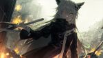  1girl animal_ears arknights blurry building commentary cowboy_shot dark enmr39_(anonyma) eyebrows_visible_through_hair fire hair_between_eyes holding holding_weapon lappland_(arknights) long_hair long_sleeves looking_at_viewer outdoors parted_lips scar scar_across_eye smile solo weapon white_hair wide_sleeves wolf_ears wolf_girl yellow_eyes 