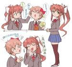  2girls black_legwear blazer blue_skirt blush bow brown_hair brown_jacket closed_eyes closed_mouth doki_doki_literature_club food full_body green_eyes hand_in_hair holding holding_food jacket laughing long_hair monika_(doki_doki_literature_club) multiple_girls open_mouth pink_hair ponytail red_bow ribbon sayori_(doki_doki_literature_club) school_uniform short_hair skirt smile thigh-highs tsubobot white_ribbon 