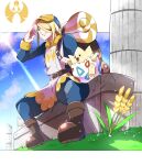  1boy absurdres backpack bag belt blonde_hair boots brown_bag brown_belt brown_footwear clouds commentary_request crack day from_below grass hair_over_one_eye hat highres holding_strap male_focus naruse_nanase outdoors pillar pokemon pokemon_(creature) pokemon_(game) pokemon_legends:_arceus ruins short_hair sitting sky smile togepi volo_(pokemon) yellow_headwear 