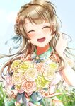  1girl :d ^_^ absurdres baer_ars blue_ribbon blush bouquet brown_hair closed_eyes floating_hair flower grey_ribbon hair_flower hair_ornament hair_ribbon highres holding holding_bouquet long_hair love_live! love_live!_school_idol_project minami_kotori neck_ribbon nota_ika open_mouth pink_flower pink_rose ribbon rose shiny shiny_hair smile solo tied_hair twitter_username upper_body white_flower white_rose yellow_flower yellow_rose 