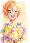  1girl ;d absurdres bangs blush bouquet choker earrings flower hair_between_eyes hair_flower hair_ornament highres holding holding_bouquet hoshizora_rin jewelry love_live! love_live!_school_idol_project nota_ika one_eye_closed open_mouth orange_hair petals pink_flower rose shiny shiny_hair short_hair smile solo twitter_username upper_body white_choker yellow_flower yellow_rose 