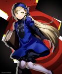  1girl absurdres bangs black_gloves black_shorts blonde_hair blue_dress blue_hairband closed_mouth dress elbow_gloves floating_hair gloves hairband highres holding lavenza_(persona_5) long_hair looking_to_the_side nakano_maru persona persona_5 shiny shiny_hair short_dress shorts shorts_under_dress solo swept_bangs twitter_username very_long_hair yellow_eyes 