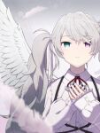  1girl blurry blurry_foreground chest_harness feathered_wings gradient gradient_background green_eyes green_nails grey_background grey_hair hands_on_own_chest hands_up harness hatsune_miku heterochromia long_hair long_sleeves looking_at_viewer oz_music_999 parted_lips project_sekai shirt sleeves_past_wrists solo twintails violet_eyes vocaloid white_shirt white_wings wings 