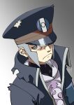  1boy black_coat black_headwear closed_mouth coat commentary_request facial_hair frown goatee grey_background grey_eyes grey_hair hat high_collar highres ingo_(pokemon) looking_at_viewer male_focus penta_(20vdohc) pokemon pokemon_(game) pokemon_legends:_arceus short_hair sideburns solo upper_body 