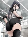  1girl ass bike_shorts black_eyes breasts dark_blue_hair elbow_pads from_behind gym highres huge_ass huge_breasts looking_at_viewer looking_back monpuchi open_mouth original puffy_nipples shirt skindentation solo sportswear sweat thick_thighs thigh-highs thighs 