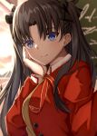  1girl absurdres bangs black_hair black_ribbon blue_eyes blush buttons closed_mouth collared_shirt eyebrows_visible_through_hair fate/stay_night fate_(series) hair_ribbon hand_on_own_cheek hand_on_own_face hand_up highres jacket long_sleeves neck_ribbon raised_eyebrows red_jacket ribbon shirt smile solo tohsaka_rin toukan two_side_up upper_body white_shirt 