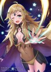  1girl ahoge asymmetrical_bangs bangs blonde_hair bodystocking cape covered_navel fire_emblem fire_emblem_fates grey_eyes long_hair looking_at_viewer magic one_eye_closed open_mouth ophelia_(fire_emblem) panties pantyhose smk023 solo star_(symbol) thigh-highs turtleneck underwear upper_body yellow_panties 