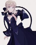  1girl artist_name artoria_pendragon_(fate) blonde_hair blue_dress braid breasts commentary_request detached_sleeves dress eyebrows_visible_through_hair fate/stay_night fate_(series) frilled_sleeves frills hair_ribbon meloettta revision ribbon saber_alter short_hair simple_background small_breasts solo white_background wide_sleeves yellow_eyes 
