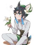  1boy ? absurdres androgynous animal_ears bangs beret black_hair blue_hair braid bug butterfly butterfly_on_nose commentary flower genshin_impact gradient_hair green_eyes green_headwear hair_flower hair_ornament hat highres holding holding_flower kkopoli leaf long_sleeves male_focus multicolored_hair shirt short_hair_with_long_locks side_braids sidelocks simple_background sitting solo spoken_question_mark symbol-only_commentary tail twin_braids venti_(genshin_impact) white_background white_flower white_shirt 
