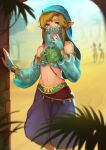  1boy bangs bare_shoulders blonde_hair blue_eyes bridal_gauntlets crossdressing detached_sleeves gerudo_set_(zelda) green_eyes hands_up highres jewelry link looking_at_viewer male_focus midriff mouth_veil navel official_alternate_costume otoko_no_ko pointy_ears solo stomach the_legend_of_zelda the_legend_of_zelda:_breath_of_the_wild veil xiuluoyi00 