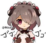  1girl artist_name bangs brown_hair closed_mouth hair_over_one_eye holding holding_plate honkai_(series) honkai_impact_3rd looking_at_viewer maid maid_headdress meadow_(morphinecaca) plate rita_rossweisse rita_rossweisse_(umbral_rose) short_hair simple_background smile solo violet_eyes white_background 