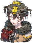  1non-binary androgynous animification apex_legends black_hair black_sweater bloodhound_(apex_legends) brown_jacket facial_tattoo fur_trim gloves grey_eyes hair_behind_ear hair_between_eyes helmet highres holding holding_mask jacket kayanogura mask mask_removed portrait queer rebreather red_gloves ribbed_sweater sweater tattoo trans white_background 