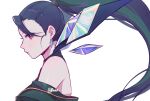  1girl absurdres bangs bare_shoulders black_hair blush crystal earrings from_side green_hair green_jacket highres jacket jewelry k/da_(league_of_legends) k/da_all_out_kai&#039;sa kai&#039;sa league_of_legends long_hair multicolored_hair off_shoulder ponytail ruan_chen_yue shiny shiny_skin signature simple_background solo two-tone_hair violet_eyes white_background 