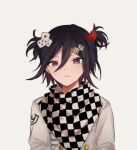  1boy bangs black_scarf butter_(butter38700739) buttons checkered_clothes checkered_scarf danganronpa_(series) danganronpa_v3:_killing_harmony dice dice_hair_ornament eyebrows_visible_through_hair frown grey_jacket hair_between_eyes hair_ornament heart heart_hair_ornament jacket long_sleeves male_focus ouma_kokichi scarf short_hair short_twintails simple_background solo twintails upper_body violet_eyes white_background white_scarf 