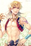  1boy arabian_clothes bangs blonde_hair earrings eyebrows_visible_through_hair fate/grand_order fate_(series) gilgamesh_(caster)_(fate) gilgamesh_(fate) hagino_kouta hair_between_eyes highres jewelry looking_at_viewer male_focus muscular muscular_male open_mouth red_eyes short_hair smile 