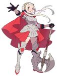  1girl axe blush breasts cape do_m_kaeru edelgard_von_hresvelg fire_emblem fire_emblem:_three_houses fire_emblem_warriors:_three_hopes full_body gloves hair_ribbon long_hair long_sleeves looking_at_viewer open_mouth red_cape ribbon simple_background skirt solo violet_eyes weapon white_background white_hair 