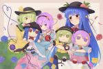  3girls blue_flower blue_hair blue_rose blush doll eyebrows_visible_through_hair floral_print flower food-themed_hair_ornament frilled_shirt_collar frills fumo_(doll) green_eyes green_hair hair_between_eyes hair_ornament hat hat_ribbon heart heart_of_string highres hinanawi_tenshi holding holding_doll jitome kanpa_(campagne_9) komeiji_koishi komeiji_satori long_hair long_sleeves looking_back multiple_girls one_eye_closed peach_hair_ornament petals pink_hair puffy_short_sleeves puffy_sleeves red_eyes ribbon rose rose_petals rose_print short_hair short_sleeves siblings sisters smile spoken_blush third_eye touhou violet_eyes wide_sleeves yellow_flower yellow_rose 