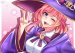  1girl berliandevania blush bow hat highres long_sleeves looking_at_viewer maha5 one_eye_closed pale_skin pink_hair rena_anggraeni ribbon smile solo v violet_eyes virtual_youtuber witch witch_hat 