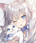  1girl animal animal_ears bangs blue_eyes blush cat cat_ears choker collarbone highres holding holding_animal long_hair looking_at_viewer original san_mokmok05 silver_hair tongue tongue_out twintails twintails_day 