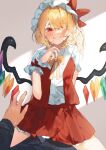  1boy 1girl absurdres arm_behind_back bangs blonde_hair blush bow bowtie cowboy_shot crystal eyebrows_visible_through_hair facing_viewer fang finger_to_mouth flandre_scarlet girl_on_top gominami grin hair_between_eyes hair_over_one_eye hand_up hat hat_ribbon hetero highres indoors long_hair looking_at_viewer miniskirt naughty_face open_clothes open_vest red_eyes red_ribbon red_skirt red_vest ribbon shirt side_ponytail skirt smile solo_focus straddling touhou vest white_shirt wings yellow_bow yellow_bowtie 