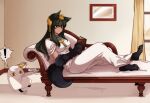  ! 1girl 1other absurdres animal_ears anubis_(monster_girl_encyclopedia) ayanobro blush body_fur book breasts closed_mouth dark_green_hair egyptian_clothes green_eyes hair_ornament highres holding holding_book holding_tray indoors jackal_ears jackal_tail long_hair lying monster_girl monster_girl_encyclopedia reading second-party_source sidelocks smile snake_hair_ornament solo spoken_exclamation_mark tray usekh_collar 