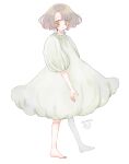  1girl absurdres barefoot blush brown_eyes brown_hair closed_mouth dress full_body highres masshirokachi original puffy_short_sleeves puffy_sleeves short_sleeves simple_background solo twitter_username white_background white_dress 