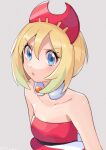  1girl bangs blonde_hair blue_eyes blush collar collarbone commentary_request eyelashes grey_background hair_between_eyes hairband highres irida_(pokemon) parted_lips pokemon pokemon_(game) pokemon_legends:_arceus red_hairband red_shirt ririmon shirt simple_background solo strapless strapless_shirt upper_body 