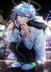  1boy blue_eyes blue_hair city city_lights cityscape coat commentary_request highres ikurikaito looking_at_viewer male_focus night original outdoors shoes short_hair sneakers squatting teeth 