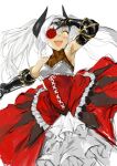  1girl absurdres armpits cyclops_princess_(last_origin) dress gauntlets gothic_lolita hair_between_eyes hair_intakes highres last_origin lolita_fashion open_mouth rose_eyepatch rowkiba silver_hair simple_background smile solo twintails white_background yellow_eyes 