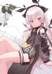  1girl absurdres arknights bangs bare_shoulders commentary detached_sleeves highres klaius long_hair long_sleeves looking_at_viewer red_eyes simple_background sitting solo thigh_strap thighs very_long_hair weedy_(arknights) white_background white_hair 