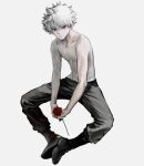  1boy bare_arms bare_pectorals bare_shoulders closed_mouth eyebrows_visible_through_hair flower grey_background hair_between_eyes highres hunter_x_hunter k.g_(matsumoto_zo) killua_zoldyck looking_at_viewer male_focus navel pants pectorals rose short_hair simple_background topless_male white_background white_hair 