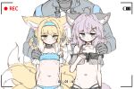  1other 2girls ahoge animal_ear_fluff animal_ears aqua_hairband arknights arms_behind_back bare_shoulders battery_indicator bikini black_bikini black_jacket blonde_hair blue_bikini blue_eyes blush bow camera doctor_(arknights) dot_nose eyebrows_visible_through_hair flat_chest fox_ears fox_girl fox_tail green_eyes grey_hair groin hair_bow hair_ornament hair_rings hairband hairclip hand_on_another&#039;s_shoulder hood hood_up hooded_coat hooded_jacket infection_monitor_(arknights) jacket jb_ryshamr looking_at_viewer multiple_girls multiple_tails navel off-shoulder_bikini off_shoulder official_alternate_costume originium_(arknights) oripathy_lesion_(arknights) recording rhodes_island_logo ribs see-through standing sussurro_(arknights) sussurro_(summer_flowers)_(arknights) suzuran_(arknights) swimsuit tail taking_picture thigh_gap viewfinder white_background 