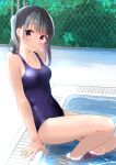  1girl :o arm_support bangs black_hair blue_swimsuit blush breasts chain-link_fence collarbone covered_navel day eyebrows_visible_through_hair fence haoriya_chie_(minidraco) highres legs_together looking_at_viewer minidraco new_school_swimsuit one-piece_swimsuit one_side_up original outdoors pool poolside school_swimsuit shiny shiny_clothes shiny_skin single_sidelock sitting small_breasts soaking_feet solo swimsuit violet_eyes water wet 