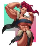  1girl abs absurdres biceps flexing highres horns looking_at_viewer muscular muscular_female pointy_ears ponytail pose purple_hair sotcho torn_clothes yellow_eyes 