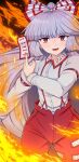  1girl absurdres arm_garter baggy_pants bangs blunt_bangs bow collared_shirt commentary_request doku_yanagi fire fujiwara_no_mokou hair_bow highres long_hair looking_at_viewer open_mouth pants pyrokinesis red_eyes red_pants shirt sidelocks solo standing suspenders touhou two-tone_bow white_hair white_shirt wing_collar 