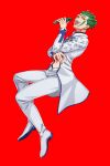  1boy cioccolata earrings full_body green_eyes green_hair highres holding holding_microphone jacket jewelry jojo_no_kimyou_na_bouken lipstick long_sleeves looking_at_viewer makeup microphone open_mouth pants purple_lips shakuyouka shoes smile solo vento_aureo white_footwear white_jacket white_pants 