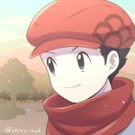  1boy black_eyes black_hair closed_mouth clouds commentary_request day grey_jacket hat jacket male_focus mountain outdoors pokemon pokemon_(game) pokemon_legends:_arceus red_headwear red_scarf rei_(pokemon) scarf shiro_iro6 short_hair silhouette sky smile solo tree upper_body 