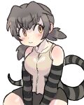  1girl :/ bangs bare_shoulders closed_mouth collarbone elbow_gloves eyebrows_visible_through_hair frilled_lizard_(kemono_friends) gloves grey_hair highres igarashi_(nogiheta) kemono_friends lizard_tail looking_at_viewer medium_hair orange_eyes short_twintails shorts sidelocks simple_background sitting solo striped striped_gloves striped_tail tail twintails v-shaped_eyebrows vest white_background zipper 
