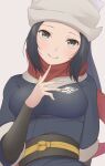  1girl akari_(pokemon) black_hair black_undershirt breasts galaxy_expedition_team_survey_corps_uniform green_eyes grey_background head_scarf highres japanese_clothes long_hair long_sleeves looking_at_viewer medium_breasts pokemon pokemon_(game) pokemon_legends:_arceus red_scarf scarf sidelocks simple_background smile solo upper_body urara_(uraom0te) white_headwear 