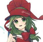 1girl adapted_costume bangs bare_shoulders black_legwear blunt_bangs bow commentary_request eyebrows_visible_through_hair face front_ponytail green_eyes green_hair hair_bow highres kagiyama_hina long_hair looking_at_viewer open_mouth red_bow red_headwear red_shirt shirt simple_background solo teeth touhou upper_body visor yadoyuki 