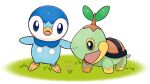  blue_eyes commentary_request creature flower grass looking_down no_humans notice_lines official_art open_mouth pink_flower piplup pokemon pokemon_(creature) project_pochama standing tongue turtwig white_background 