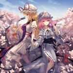  2girls bagua bangs banned_artist blonde_hair blue_kimono blue_sash blush breasts cherry_blossoms collar duplicate elbow_gloves flame_print frilled_collar frilled_kimono frills gloves hair_ribbon hand_fan hat hat_ribbon highres holding holding_fan holding_hands japanese_clothes kimono large_breasts long_hair long_sleeves looking_at_viewer minust mob_cap multiple_girls obi pink_eyes pink_hair red_ribbon ribbon ribbon-trimmed_collar ribbon-trimmed_sleeves ribbon_trim saigyouji_yuyuko sash sideways_glance symbol-only_commentary tabard touhou tress_ribbon triangular_headpiece trigram white_gloves wide_sleeves yakumo_yukari yin_yang yin_yang_print 