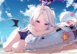  1girl beach blue_archive blue_sky blush city copyright_name halo horns looking_at_viewer lying pink_eyes ribbon school_swimsuit starfish very_long_hair wet white_hair wings 