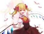  1girl :d alternate_hairstyle ascot bangs bat blonde_hair blurry blurry_background breasts brooch crystal depth_of_field double_v fangs flandre_scarlet hair_between_eyes happy highres jewelry long_hair looking_at_viewer no_hat no_headwear puffy_short_sleeves puffy_sleeves red_eyes red_skirt red_vest repya9 short_sleeves skirt small_breasts smile solo teeth touhou twintails v vest wings yellow_ascot zoom_layer 
