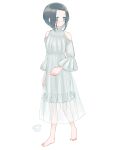  1girl absurdres bangs bare_shoulders black_hair blue_eyes blush closed_mouth clothing_cutout dress forehead full_body highres long_sleeves masshirokachi original parted_bangs see-through short_hair shoulder_cutout simple_background solo twitter_username white_background white_dress wide_sleeves 