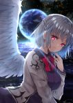  1girl dress earth_(planet) eyebrows_visible_through_hair feathered_wings hair_between_eyes highres jacket kishin_sagume long_sleeves open_clothes open_jacket open_mouth planet purple_dress red_eyes shironeko_yuuki short_hair single_wing solo touhou white_hair white_jacket white_wings wings 