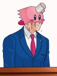  1boy ace_attorney blue_eyes blue_jacket blush_stickers coffee_mug collared_shirt covered_eyes cup derivative_work dripping formal highres jacket kirby kirby_(series) kirby_and_the_forgotten_land male_focus mouthful_mode mug necktie nuzk_zk phoenix_wright phoenix_wright:_ace_attorney_-_trials_and_tribulations red_necktie shirt simple_background white_background white_shirt 