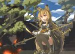  1girl absurdres animal_ear_fluff animal_ears arknights bangs black_dress black_footwear black_legwear ceobe_(arknights) collared_dress day dress eyebrows_visible_through_hair fang full_body hair_between_eyes highres hinbackc holding holding_knife holding_polearm holding_weapon knife light_brown_hair long_hair long_sleeves medium_dress multicolored_clothes multicolored_dress outdoors parted_lips polearm red_eyes saliva scenery shoes skin_fang solo squatting sword sword_behind_back tail tail_raised thigh-highs very_long_hair weapon white_dress 